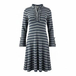 Fine Garments by Bell Wool Blend Striped Dress L Blue Striped Ruffle Neck A Line